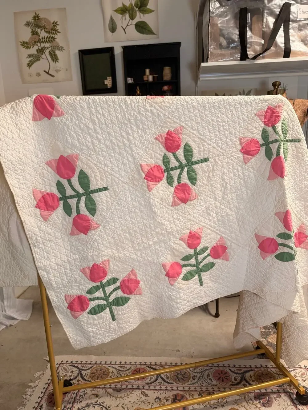 Vintage Handmade Hand Sewn Quilt Pink Floral Applique Cottagecore Romantic